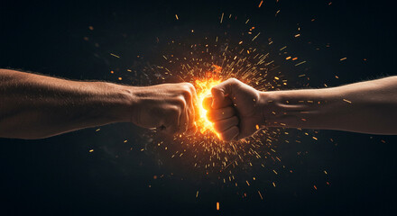 Two fists colliding in a fist bump with bright orange sparks flying against a dark background scene view