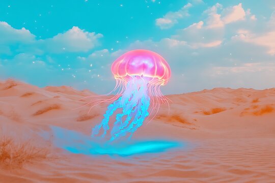 Enchanting luminous jellyfish floats magically above surreal desert sands under a dreamy sky
