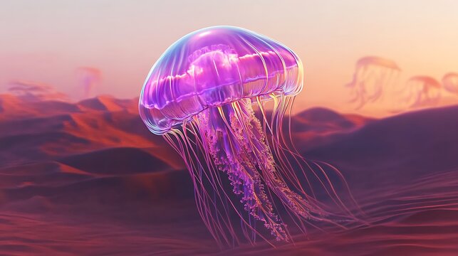 Mesmerizing purple jellyfish floats serenely through surreal desert dunes at sunset