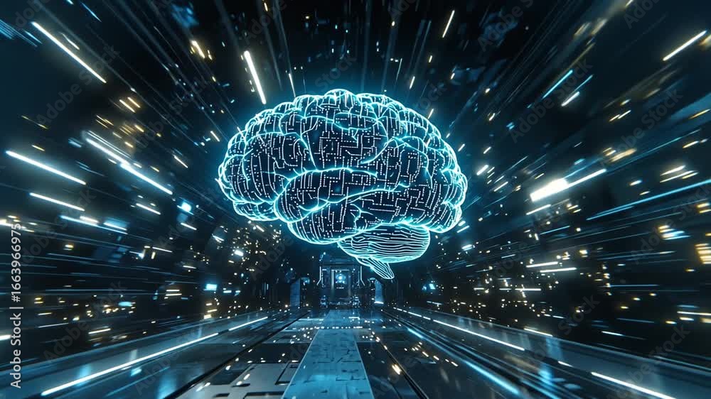 Wall mural glowing digital human brain in dark futuristic tunnel with abstract light particles energy lines for