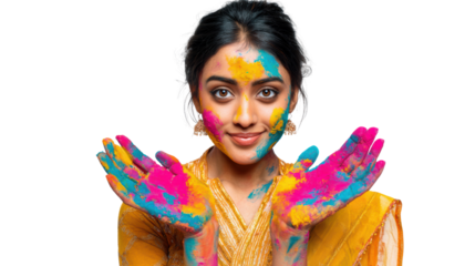 Young woman celebrating with colorful powders, showcasing joy and vibrancy, isolated on a white background.