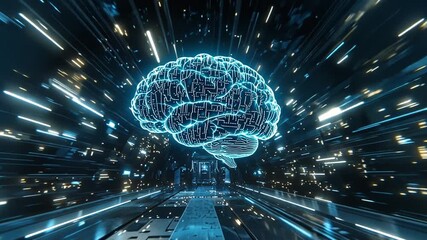Glowing digital human brain in dark futuristic tunnel with abstract light particles energy lines for rapid data flow artificial intelligence machine learning big data neural network technology concept - Powered by Adobe