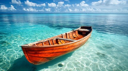 Serene orange rowboat drifts in crystal clear turquoise tropical ocean waters under a bright blue sky with fluffy clouds