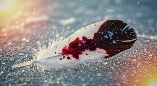 White feather with drops of red blood on ice. Sacrifice and ritual concept for pagan winter holidays. Ancient folklore symbolism.