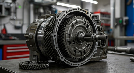 A detailed view of a disassembled car transmission with gears and metal components on a workbench area