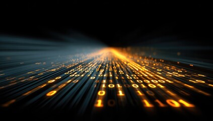 Binary code streaks through a dark digital tunnel
