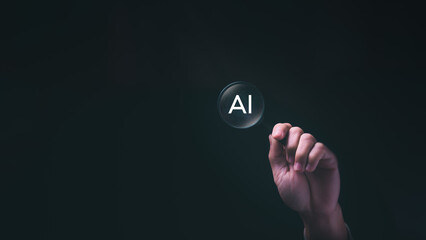 AI-driven search technology, a businessman showing a magnifying glass to show a search engine that...