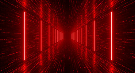 A red lit tunnel with vertical neon lines receding into the distance creating a futuristic effect