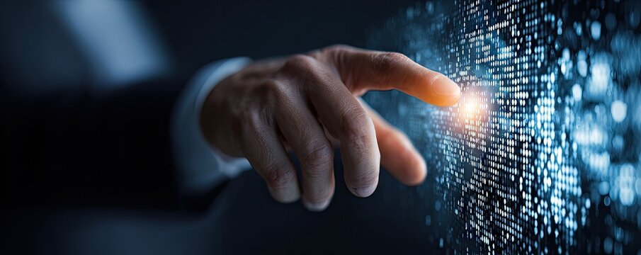 Hand interacts with digital code