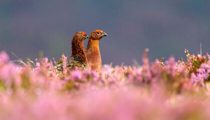 Two red grouse stand amidst a field of vibrant pink heather, showcasing the beauty of nature's delicate interplay.