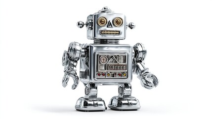 Fototapeta premium A polished chrome retro robot toy with boxy body, small arms ending in claws, round eyes, and detailed faceplate, set against a plain white background