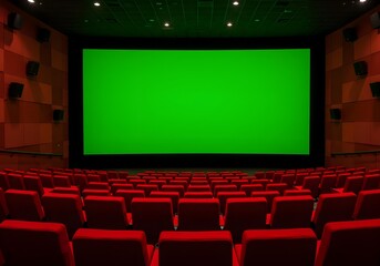 Fototapeta premium Empty cinema hall with rows of red seats and a large green screen