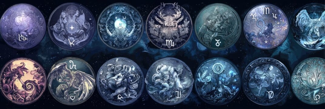 Zodiac symbols depicted as celestial orbs in a cosmic backdrop