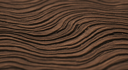 A close up of dark brown wood grain with wavy patterns and textured surface in a detailed shot view