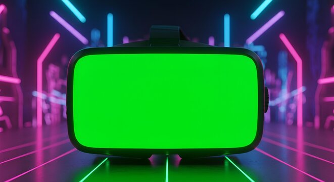 Virtual Reality Headset with Green Screen Display in Futuristic Neon Environment