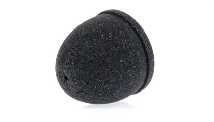 A small, dark gray, textured, oval-shaped accessory is displayed against a plain white background.