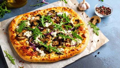 Homemade flatbread pizza with mushrooms, arugula, and cheese