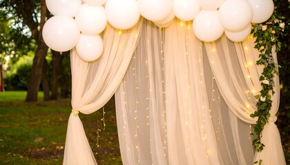 A light beige sheer backdrop, adorned with white balloons and string lights, creates a festive outdoor setting.