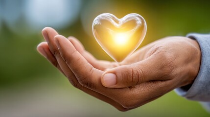 Fototapeta premium Golden Heart in Hand: A luminous, golden heart levitates gently in the cupped hands, its radiant glow symbolizing compassion, love and empathy. An expression of the warmth of life, hope.