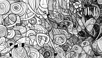 Intricate black and white design features a complex network of swirling lines, shapes, and patterns.