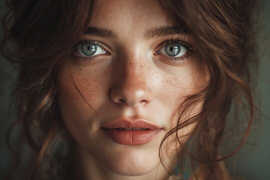A close up of a woman with freckles on her face
