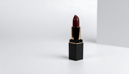 Elegant burgundy lipstick in a black and gold casing sits on a bright white surface, showcasing a sophisticated beauty product.