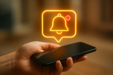 A person is holding a smartphone with a holographic neon notification bell icon floating above it, representing online alerts, social media updates, and push notifications