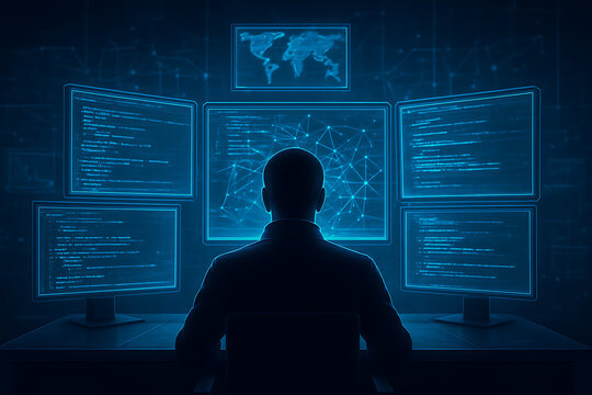 A programmer or data scientist is seen from the back, working in a dark room surrounded by multiple monitors displaying a complex network and code