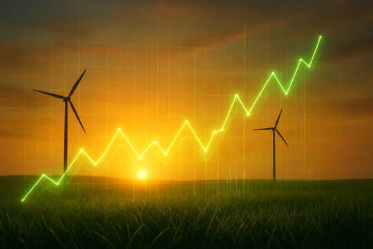 A bright green line graph showing a significant increase, superimposed over a scenic landscape with windmills and a sunset, symbolizing growth in renewable energy and green technology