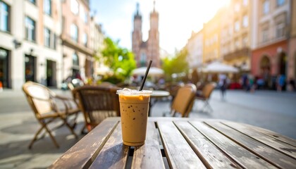 Iced coffee drink sits on a wooden table outdoors, with a blurred city street scene in the background.