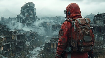 Post-apocalyptic scene lone figure in red suit surveys ruined city.