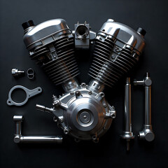 Professional studio photo of motorcycle engine parts arranged neatly on dark background, mechanical concept, perfect for repair service posters.