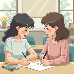 Two Girls Collaborating: A Sweet Study Session Illustration