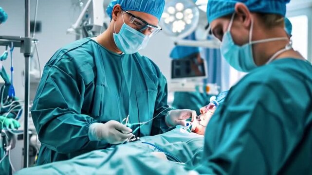 Group of surgeons in protective uniforms operate with professional equipment on patient in hospital.
