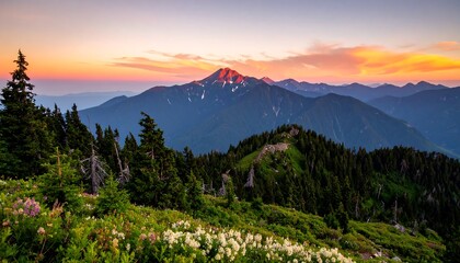 Scenic mountain vista at dusk with wildflowers and forested slopes