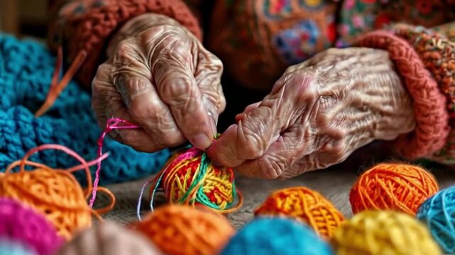 Hands of old woman in wrinkles crocheting ornament calming nerves with help of favorite hobby.