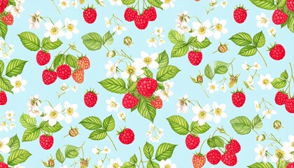 A delightful repeating pattern showcasing raspberries and white flowers on a pale blue backdrop.