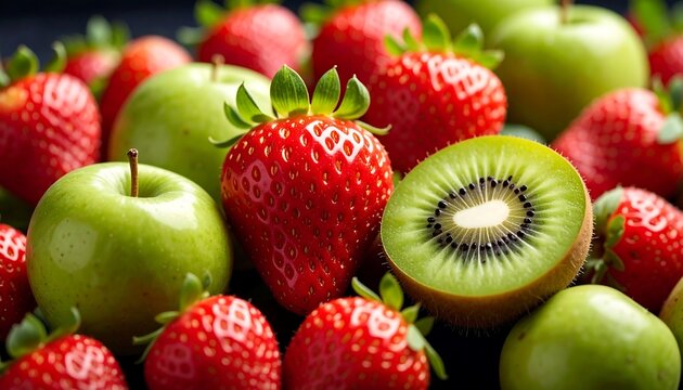Close-up view of a vibrant arrangement of fresh strawberries, green apples, and a kiwi, showcasing a rich tapestry of red and green hues.