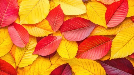 Obraz premium Vibrant autumn foliage background featuring a mix of red and yellow leaves creating a seasonal
