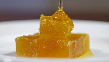 Honey-drizzled sweet treats stacked high on a white plate, showcasing a close-up view of glistening golden cubes.