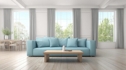 Light-filled, modern living room with light blue sofa and wooden furniture.