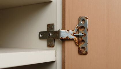 Rusty cabinet hinge on wooden door with shelf background  