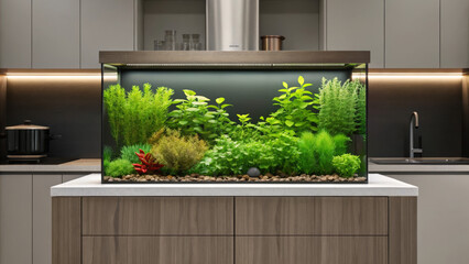 Aquascape design inspired by nature. A modern aquarium filled with lush greenery, set in a contemporary kitchen environment.