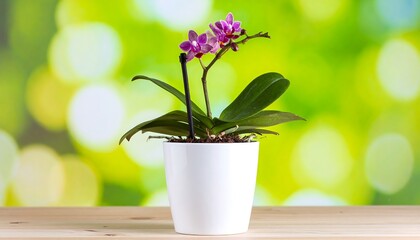A vibrant orchid plant in a white pot, set against a backdrop of soft, out-of-focus greenery, creates a serene and peaceful scene.