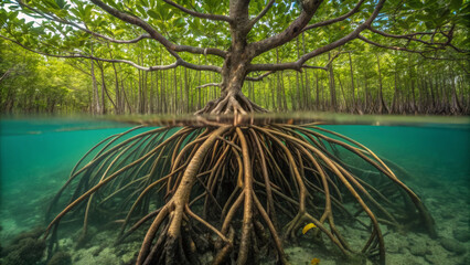 Aquascape design inspired by nature. A mangrove tree's roots extend into clear turquoise water, showcasing a vibrant underwater ecosystem.