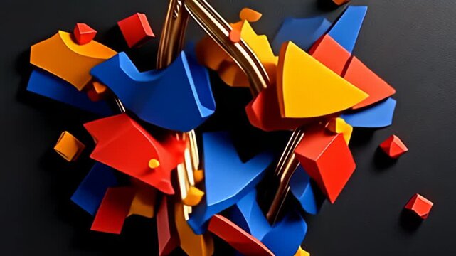 In a stunning display of creativity, the 3D extruded Border Frame with metallic shine emerges amidst a flurry of dynamic geometric shapes and colors, with sharp contrasts of red, blue, and