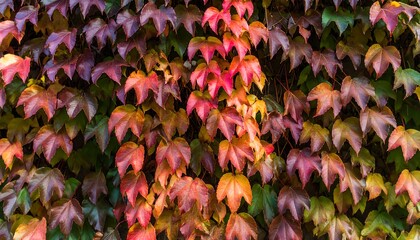 A close-up view of a vibrant wall covered in colorful autumn leaves, showcasing a rich tapestry of reds, oranges, and purples.