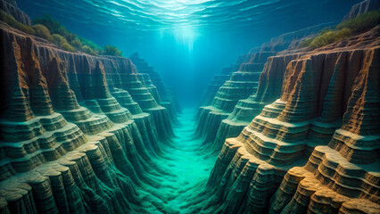 Aquascape design inspired by nature. Underwater canyon with intricate rock formations and sunlight filtering through the water, creating a serene aquatic scene.