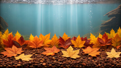 Aquascape design inspired by nature. Underwater scene with colorful autumn leaves resting on gravel, illuminated by soft light filtering through the water.