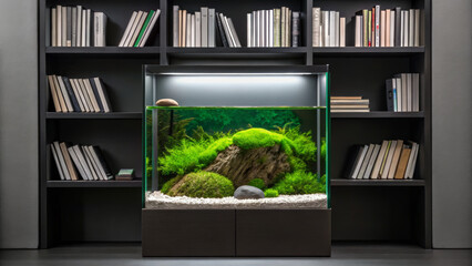 Aquascape design inspired by nature. Modern aquarium setup integrated with a stylish bookshelf, featuring lush greenery and rocks as decoration.